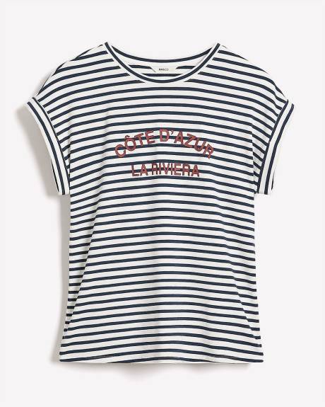 T-Shirt Rayé à Col Rond et Manches Très Courtes