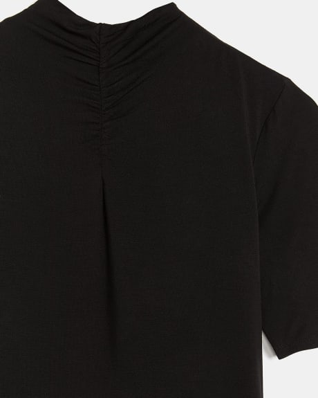 T-Shirt Noir Froncé à Col Montant et Manches aux Coudes