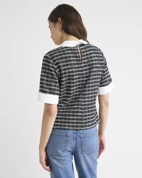 Haut en Tweed à Col Chemisier et Manches Courtes