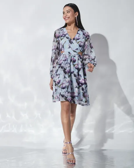 Chiffon V-Neck Long Puffy Sleeve Cocktail Dress with Cutout