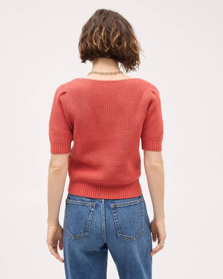 Elbow-Sleeve Square-Neck Cropped Textured Top