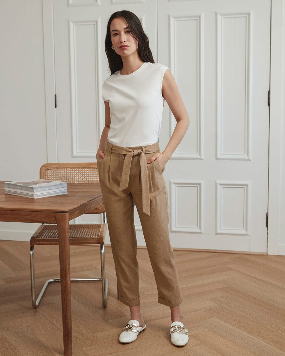 High-Waist Tapered Paperbag Linen Pant - 27"