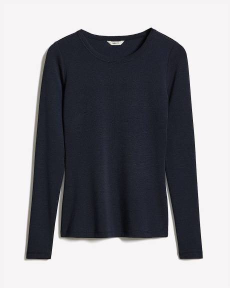 T-Shirt Côtelé Ajusté à Manches Longues et Col Rond en Tricot Luxueux