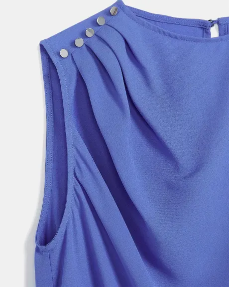 Sleeveless Silky Crepe Blouse with Pleated and Buttoned Shoulder