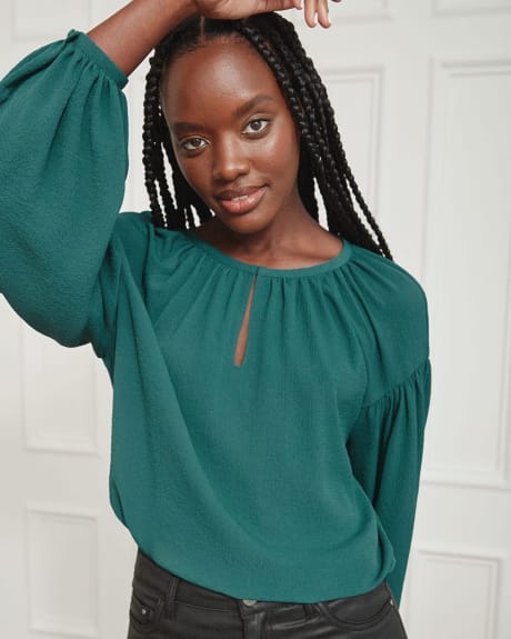 Shirred Crew Neck Popover Blouse with Front Keyhole