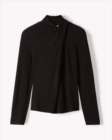 Long-Sleeve Top with Crossover Draped Mock Neckline