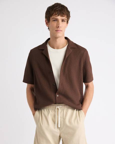 Short-Sleeve Open-Stitch Shirt with Camp Collar