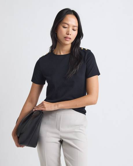Short-Sleeve Crew-Neck Top with Buttons on Shoulder