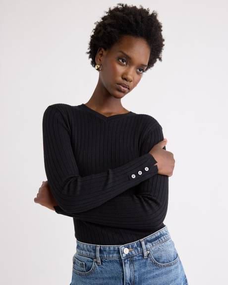 V-Neck Sweater with Buttons on Sleeves