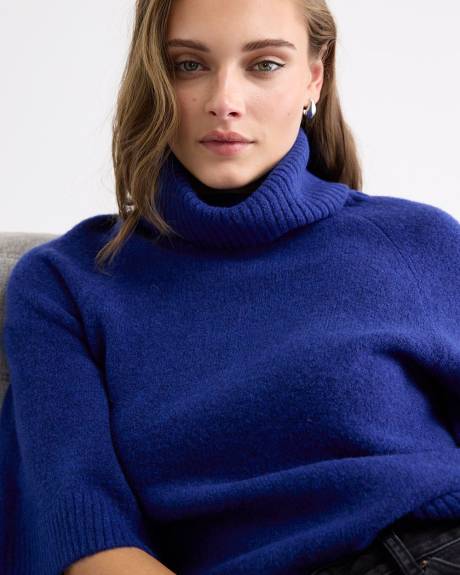 Elbow-Sleeve Mock-Neck Loose Sweater