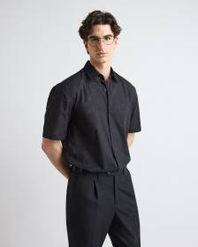 Black Short-Sleeve Shirt with Regular Collar with Tonal Pattern