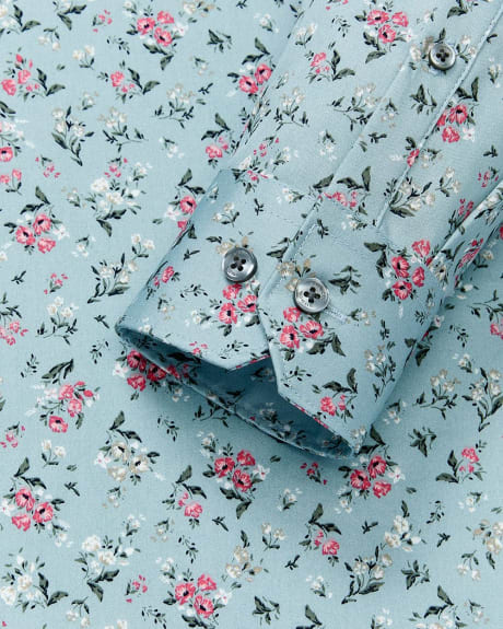 Slim Fit Blue Dress Shirt with Pink Flowers