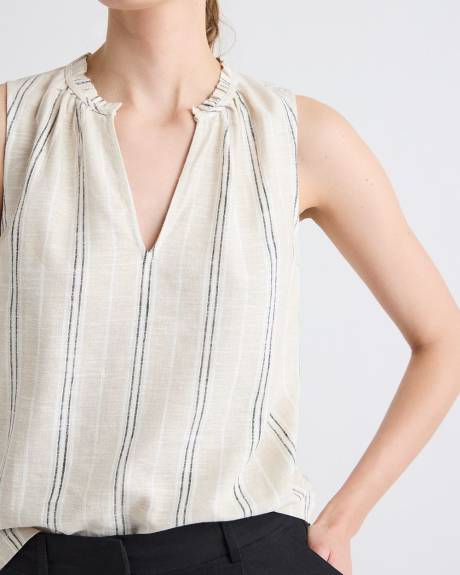 Blouse Rayée en Mélange de Lin Sans Manches à Col V