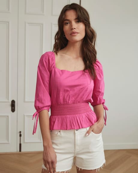 Cotton Voile Popover Blouse with Puffy 3/4 Sleeves and Embroidered Waist