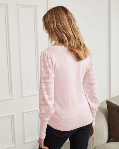 Pointelle Sleeve Crew-Neck Pullover Sweater