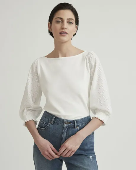 Knit Crepe Bi-Fabric Boat-Neck T-Shirt with Lace Elbow Sleeves