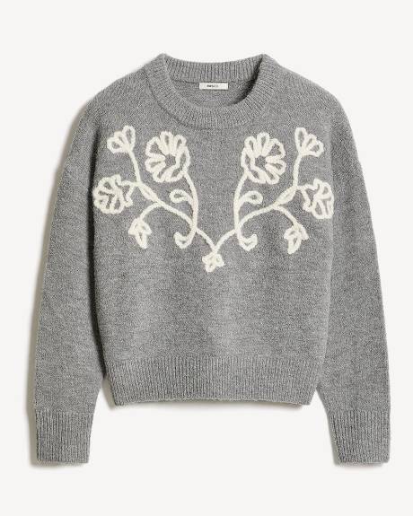 Long-Sleeve Crew-Neck Sweater with Flower Appliqués