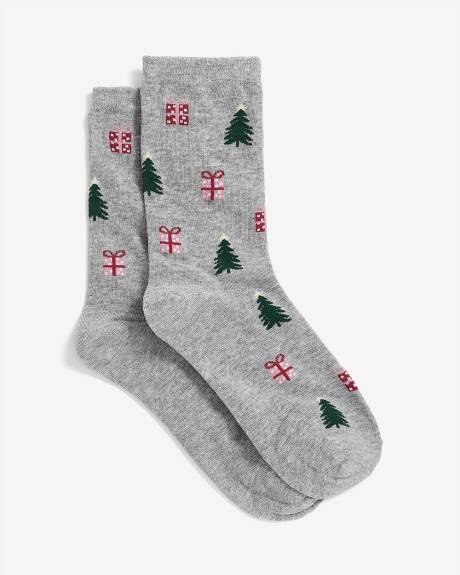 Crew Socks with Gifts and Christmas Trees