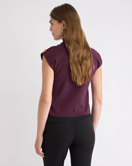 Sleeveless Mock-Neck Sweater with Buttons on Shoulder