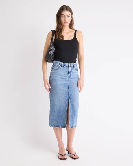 Denim High-Rise Straight Midi Skirt