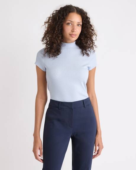 Cap-Sleeve Mock-Neck Ribbed Top