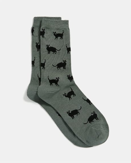 Whimsical Cat Print Crew Socks