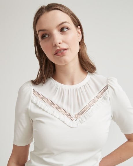 Bi-Fabric Short Sleeve Crew-Neck T-Shirt with Frills and Lace Trim