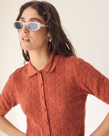 Short-Sleeve Crochet Top with Shirt Collar