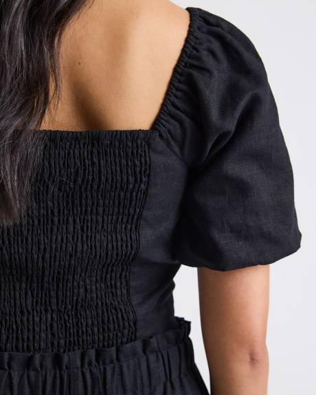 Haut Tube en M&eacute;lange de Lin &agrave; Col Carr&eacute; et Manches Bouffantes