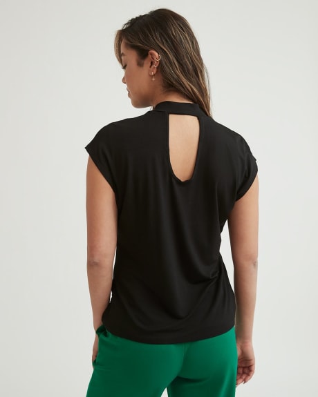 Extended Shoulder Shirred Mock-Neck T-Shirt with Cutout at Back