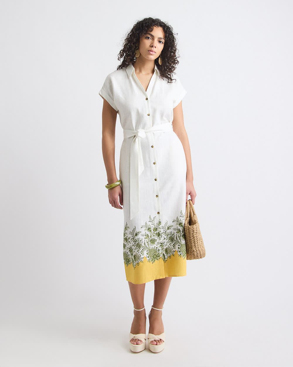 Short-Sleeve Linen-Blend Midi Dress with Shirt Collar