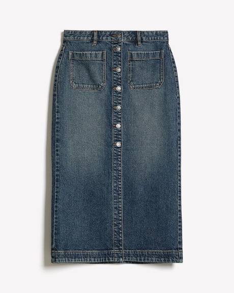 Midi Medium-Wash Flare Denim Skirt