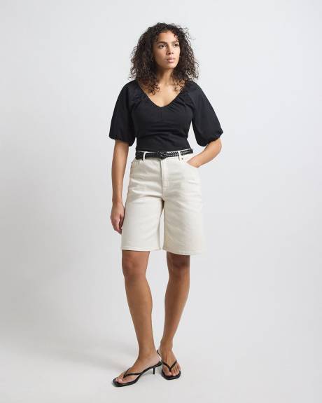 Short-Puffy-Sleeve V-Neck Mix-Media Top