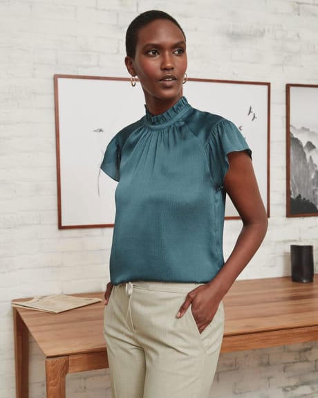 Popover Mock-Neck Blouse with Ruffled Short Sleeves