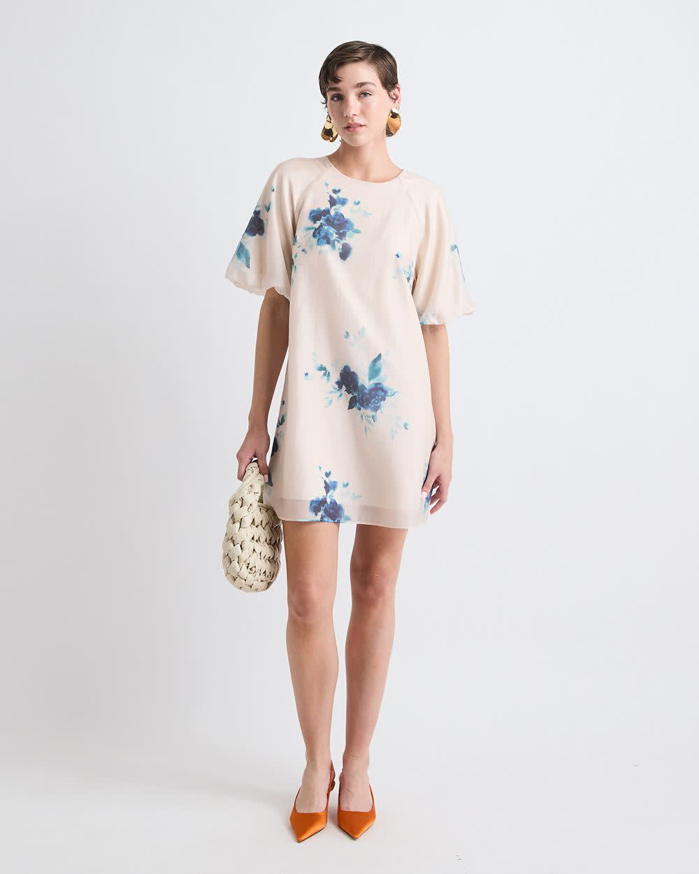 Short-Puffy-Sleeve Mini Cocktail Dress with Crew Neckline