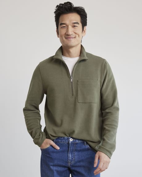Mock-Neck Waffled-Knit Pullover with Half-Zip