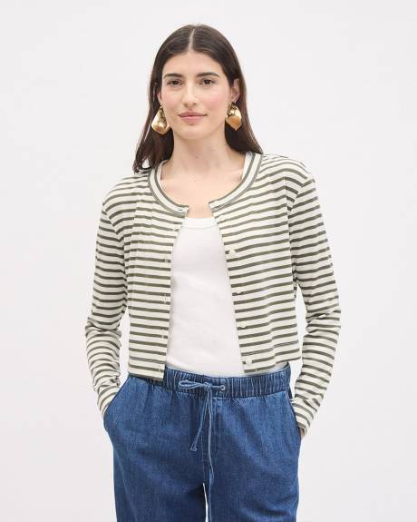 Striped Long-Sleeve Crew-Neck Ribbed Buttoned-Down Top