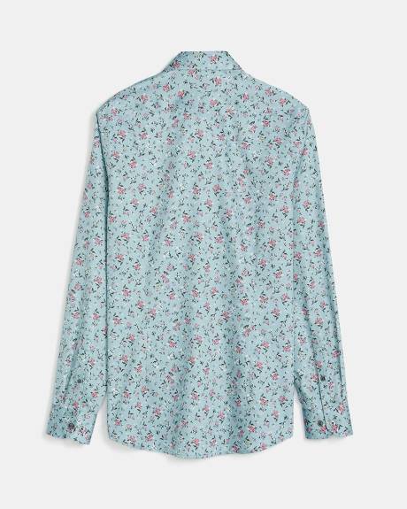Slim Fit Blue Dress Shirt with Pink Flowers