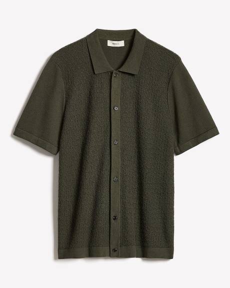Short-Sleeve Buttoned-Down Textured Sweater with Shirt Collar