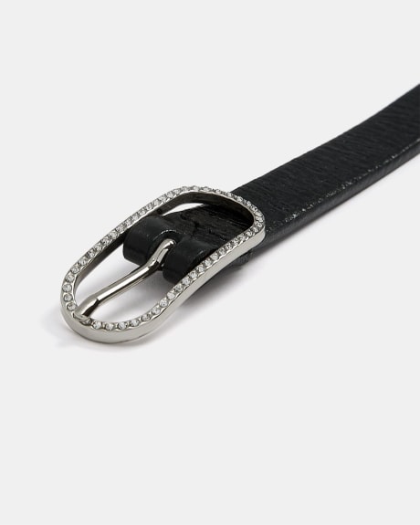 Skinny Leather Belt with Rhinestone Buckle