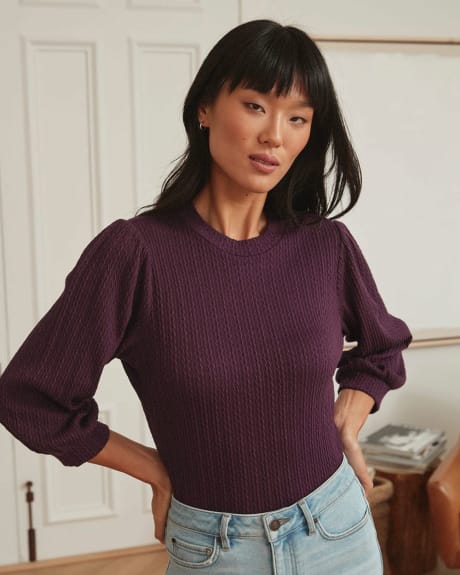 Textured Mock-Neck Shirt with 3/4 Puffed Sleeves