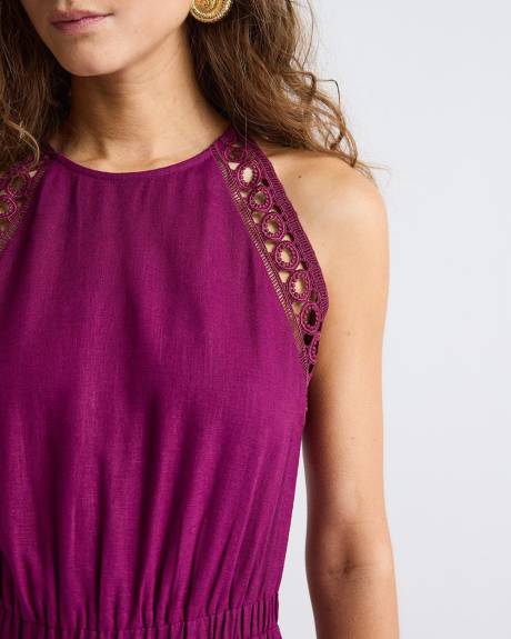 Robe Midi Sans Manches &agrave; Col Licou en M&eacute;lange de Lin