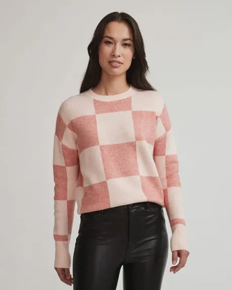 Spongy Checkerboard Crew-Neck Pullover Sweater