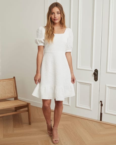 Textured Fit & Flare Puffy Sleeve Dress with Back Bow
