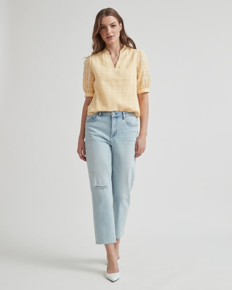 V-Neck Popover Blouse with Short Puffy Sleeves