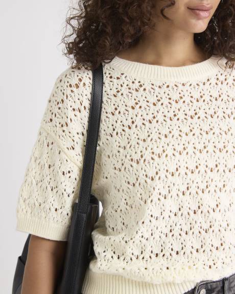 Pull à Col Rond et Manches Courtes en Mailles de Fantaisie