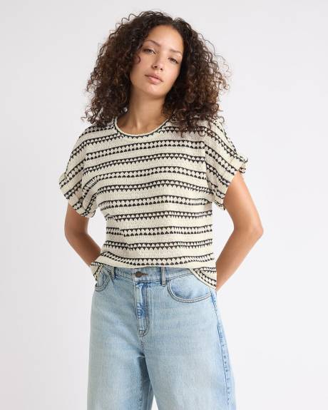 Haut Décontracté Rayé à Manches Très Courtes et Col Rond