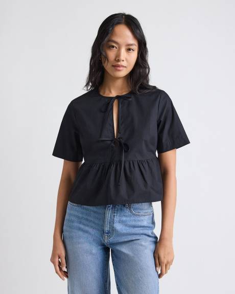 Elbow-Sleeve Peplum Blouse with Self-Ties at Front
