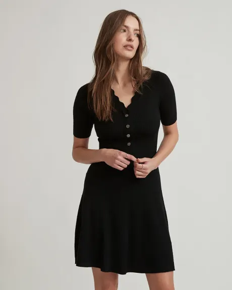 Buttoned V-Neck Sweater Dress with Scalloped Trim