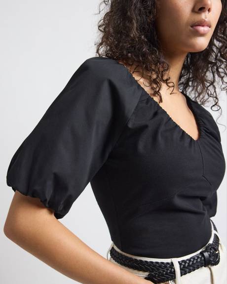 Short-Puffy-Sleeve V-Neck Mix-Media Top